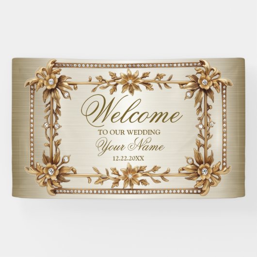 Party Gold  Rechthoek Dimond Flowers Shiny Spandoek (Horizontaal)