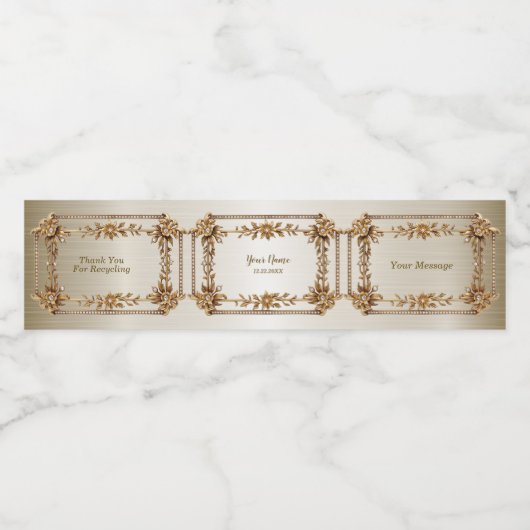 Party Gold  Rechthoek Dimond Flowers Shiny Waterfles Etiket (Enkel label)