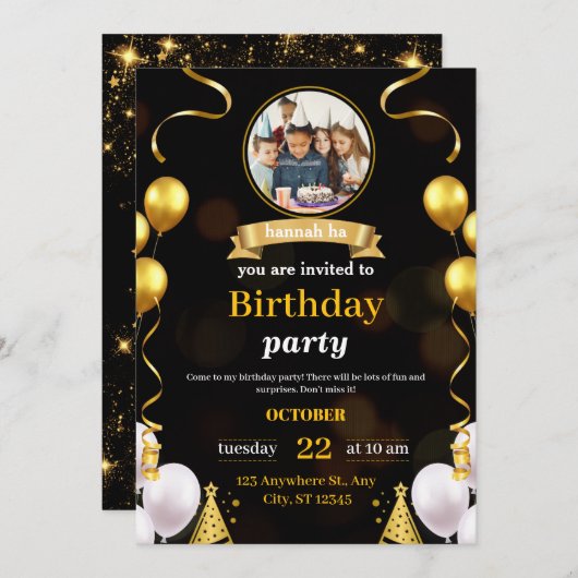 Party Gold Uitnodiging verjaardag (Voorkant / Achterkant)