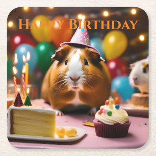 Party Guinea Pig viert feest met taart en ballon, Kartonnen Onderzetters