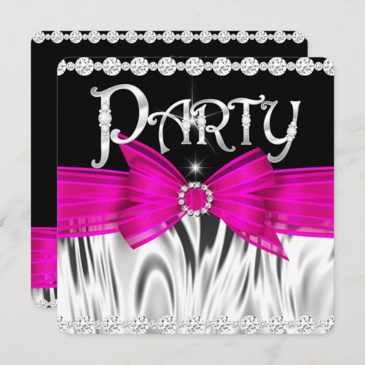 PARTY Hot Pink Bow Black Silver Birthday Party Kaart (Voorkant / Achterkant)