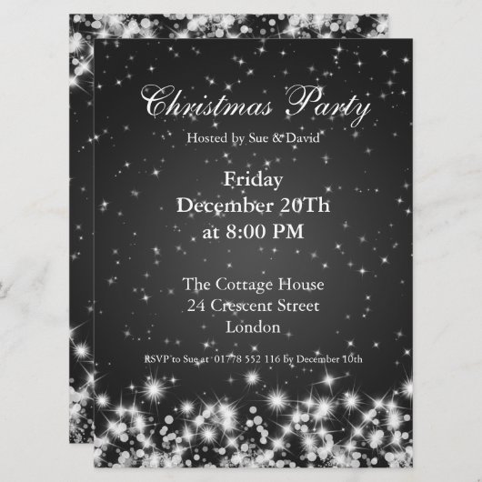 Party Invitation Black Elegant Winter Sparkle Kaart (Voorkant / Achterkant)