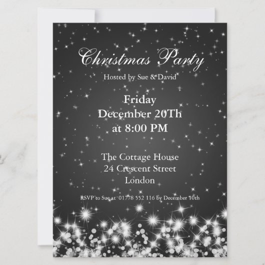 Party Invitation Black Elegant Winter Sparkle Kaart (Voorkant)