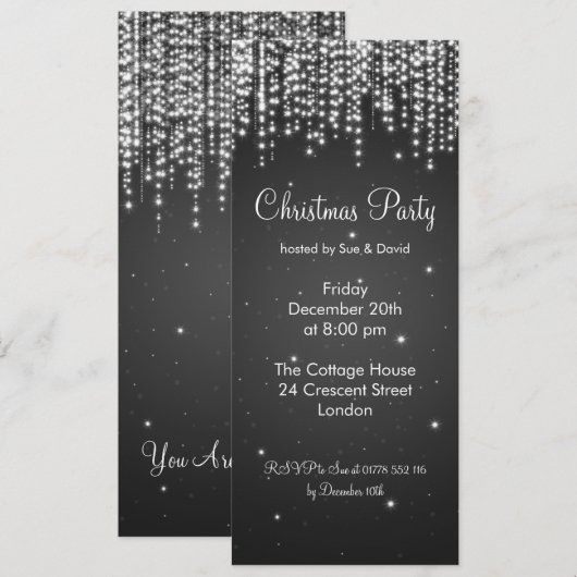 Party Invitation Elegant Falling Sparkle Black Kaart (Voorkant / Achterkant)