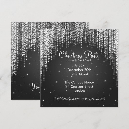 Party Invitation Elegant Falling Sparkle Black Kaart (Voorkant / Achterkant)
