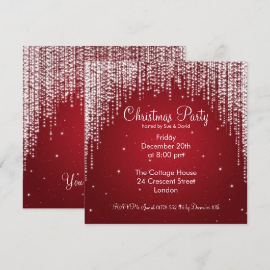 Party Invitation Elegant Falling Sparkle Red Kaart (Voorkant / Achterkant)