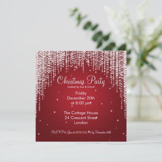 Party Invitation Elegant Falling Sparkle Red Kaart (Staand voorkant)