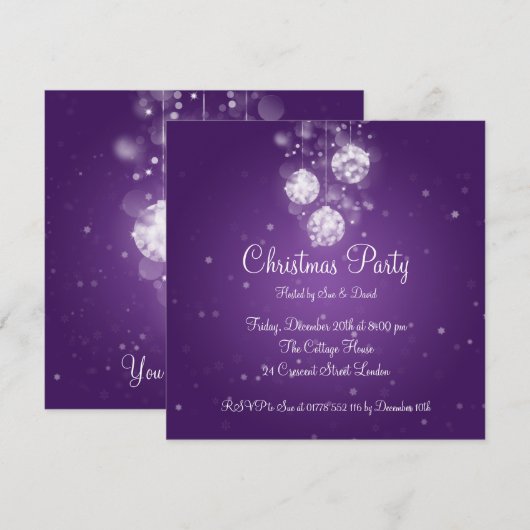 Party Invitation Elegant Sparging Baubles Paars Kaart (Voorkant / Achterkant)