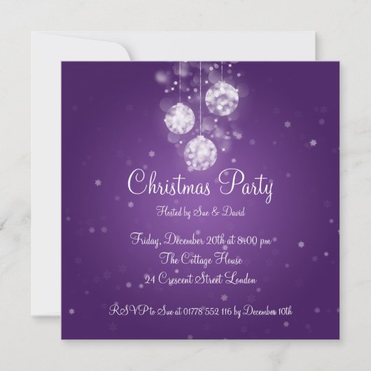 Party Invitation Elegant Sparging Baubles Paars Kaart (Voorkant)