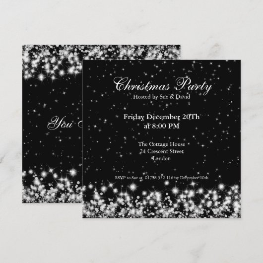 Party Invitation Elegant Winter Sparkle Black Kaart (Voorkant / Achterkant)