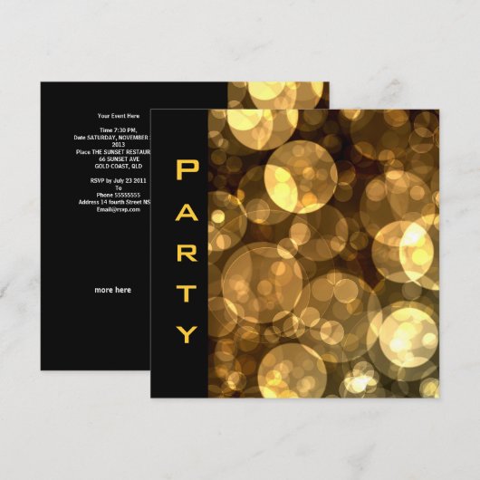 Party Invitation Feathers Black Gold Bubbles Kaart (Voorkant / Achterkant)
