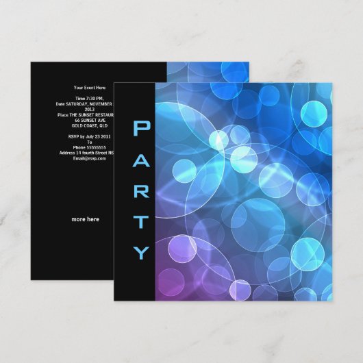 Party Invitation Feathers Zwart Blauw Bubbels Kaart (Voorkant / Achterkant)