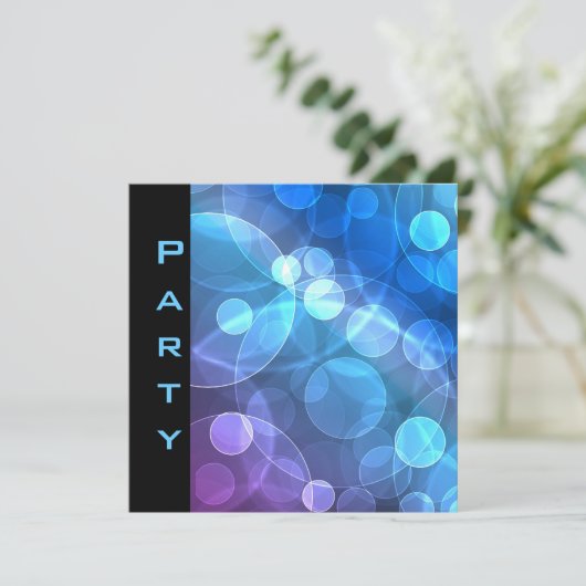 Party Invitation Feathers Zwart Blauw Bubbels Kaart (Staand voorkant)