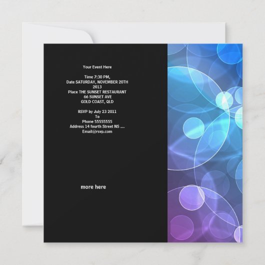 Party Invitation Feathers Zwart Blauw Bubbels Kaart (Achterkant)