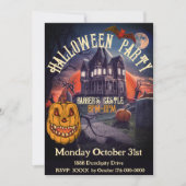 Party Jack o Lantern Castle Zwarte Vintage Kaart (Voorkant)