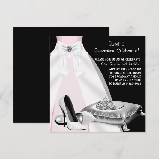 Party Jurk Tiara Roze Zwart Quinceanera Kaart (Voorkant / Achterkant)