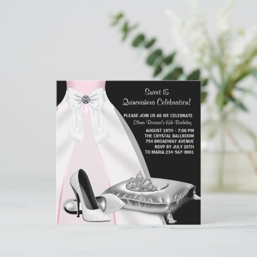 Party Jurk Tiara Roze Zwart Quinceanera Kaart (Staand voorkant)