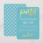 PARTY KAART leuke turquoise blauw gouden script ko (Voorkant / Achterkant)