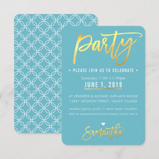 PARTY KAART leuke turquoise blauw gouden script ko (Voorkant / Achterkant)