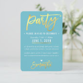 PARTY KAART leuke turquoise blauw gouden script ko (Staand voorkant)
