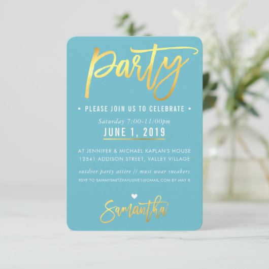 PARTY KAART leuke turquoise blauw gouden script ko (Staand voorkant)