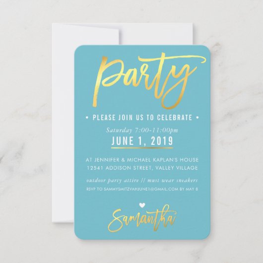 PARTY KAART leuke turquoise blauw gouden script ko (Voorkant)