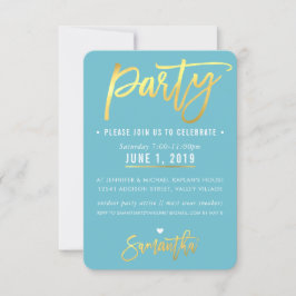 PARTY KAART leuke turquoise blauw gouden script ko