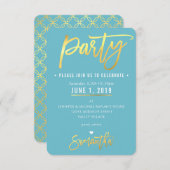 PARTY KAART schattig turquoise blauw gouden cirkel (Voorkant / Achterkant)