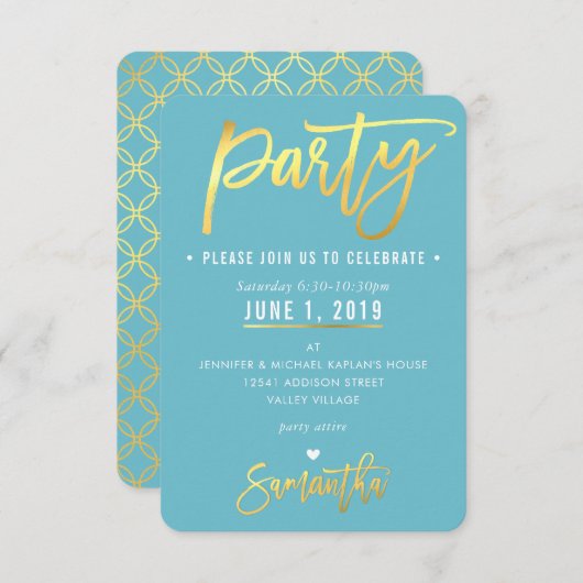 PARTY KAART schattig turquoise blauw gouden cirkel (Voorkant / Achterkant)