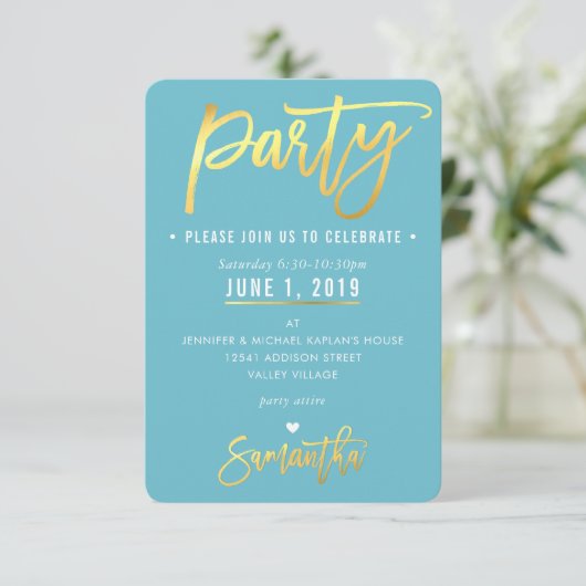 PARTY KAART schattig turquoise blauw gouden cirkel (Staand voorkant)