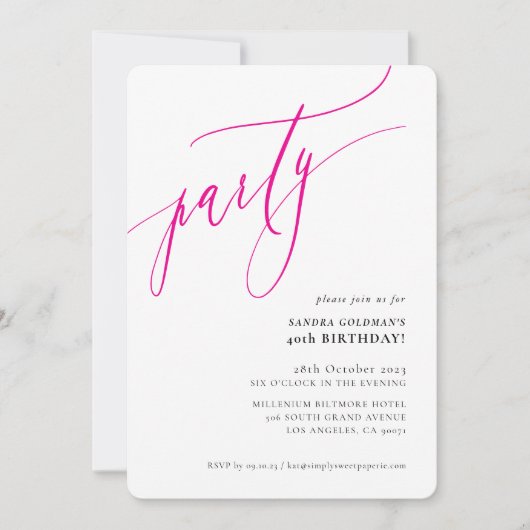 PARTY kalligrafie stijlvol minimaal heet roze Kaart (Voorkant)