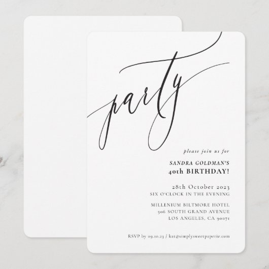 PARTY kalligrafie stijlvol minimaal zwart wit Kaart (Voorkant / Achterkant)