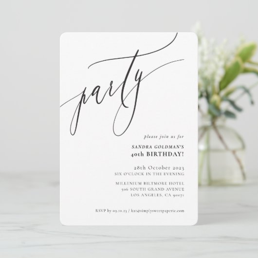PARTY kalligrafie stijlvol minimaal zwart wit Kaart (Staand voorkant)