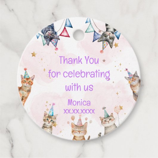 Party katten miauw-logische kinderen verjaardag da bedankjes labels (Voorkant)