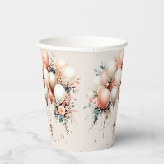 Party Kleurrijke Witte Perzik Bloemen Ballonnen El Papieren Bekers (Rechts)