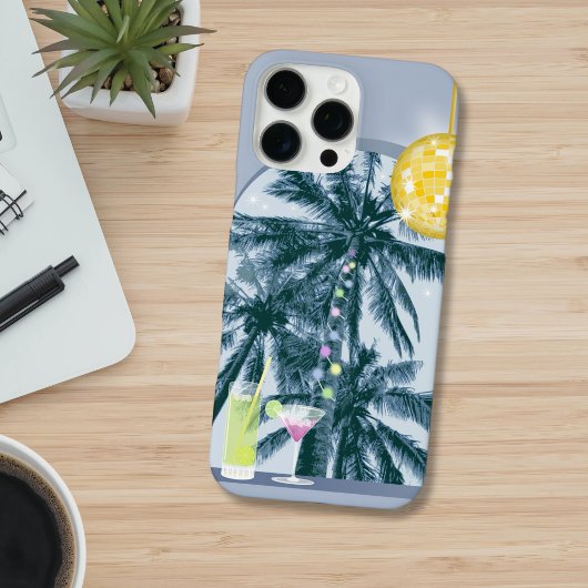 Party Lights Cocktails Disco Ball Palms op Blauw Case-Mate iPhone Case