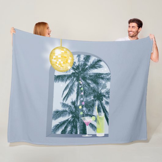 Party Lights Cocktails Disco Ball Palms op Blauw Fleece Deken (In situ)