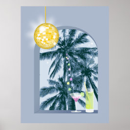 Party Lights Cocktails Disco Ball Palms op Blauw Poster