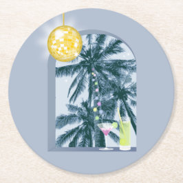 Party Lights Cocktails Disco Ball Palms op Blauw Ronde Kartonnen Onderzetter