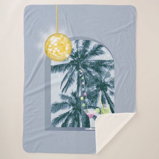 Party Lights Cocktails Disco Ball Palms op Blauw Sherpa Deken (Voorkant)