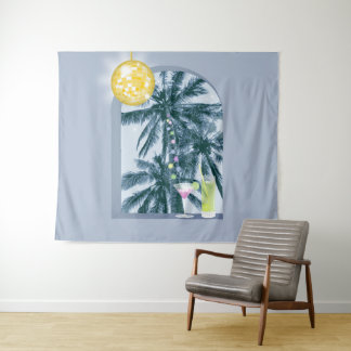 Party Lights Cocktails Disco Ball Palms op Blauw Wandkleed