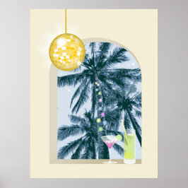Party Lights Cocktails Disco Ball Palms op Geel Poster