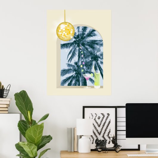 Party Lights Cocktails Disco Ball Palms op Geel Poster (Thuiskantoor)