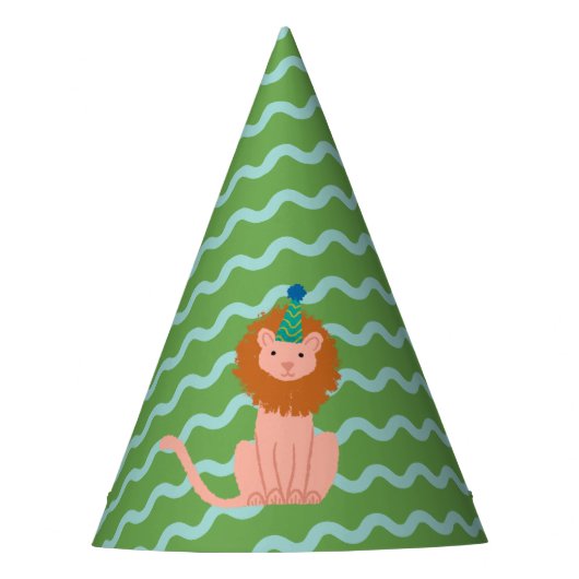 Party Lion Aqua Wavy Stripes op Groen Feesthoedjes (Voorkant)