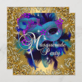 Party Masquerade Blue Gold Paars Kaart (Voorkant / Achterkant)