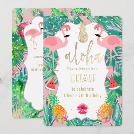Party Nodig Flamingo Luau uit Kaart (Voorkant / Achterkant)
