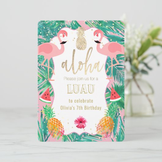 Party Nodig Flamingo Luau uit Kaart (Staand voorkant)
