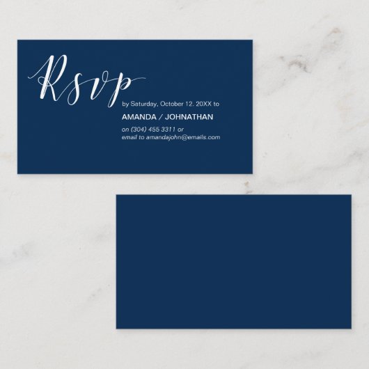 Party Nodigt RSVP, Modern Elegant Navy Blue Informatiekaartje (Voorkant / Achterkant)