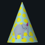 Party Olifant Gele Stippen op Aqua Feesthoedjes<br><div class="desc">Een vet en helder citroengeel en aquablauw gestippeld feestje pet met een feestolifant is een leuke aanvulling op elk kind's safari thema verjaardagsviering.</div>