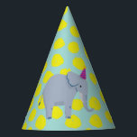 Party Olifant Gele Stippen op Aqua Feesthoedjes<br><div class="desc">Een vet en helder citroengeel en aquablauw gestippeld feestje pet met een feestolifant is een leuke aanvulling op elk kind's safari thema verjaardagsviering.</div>
